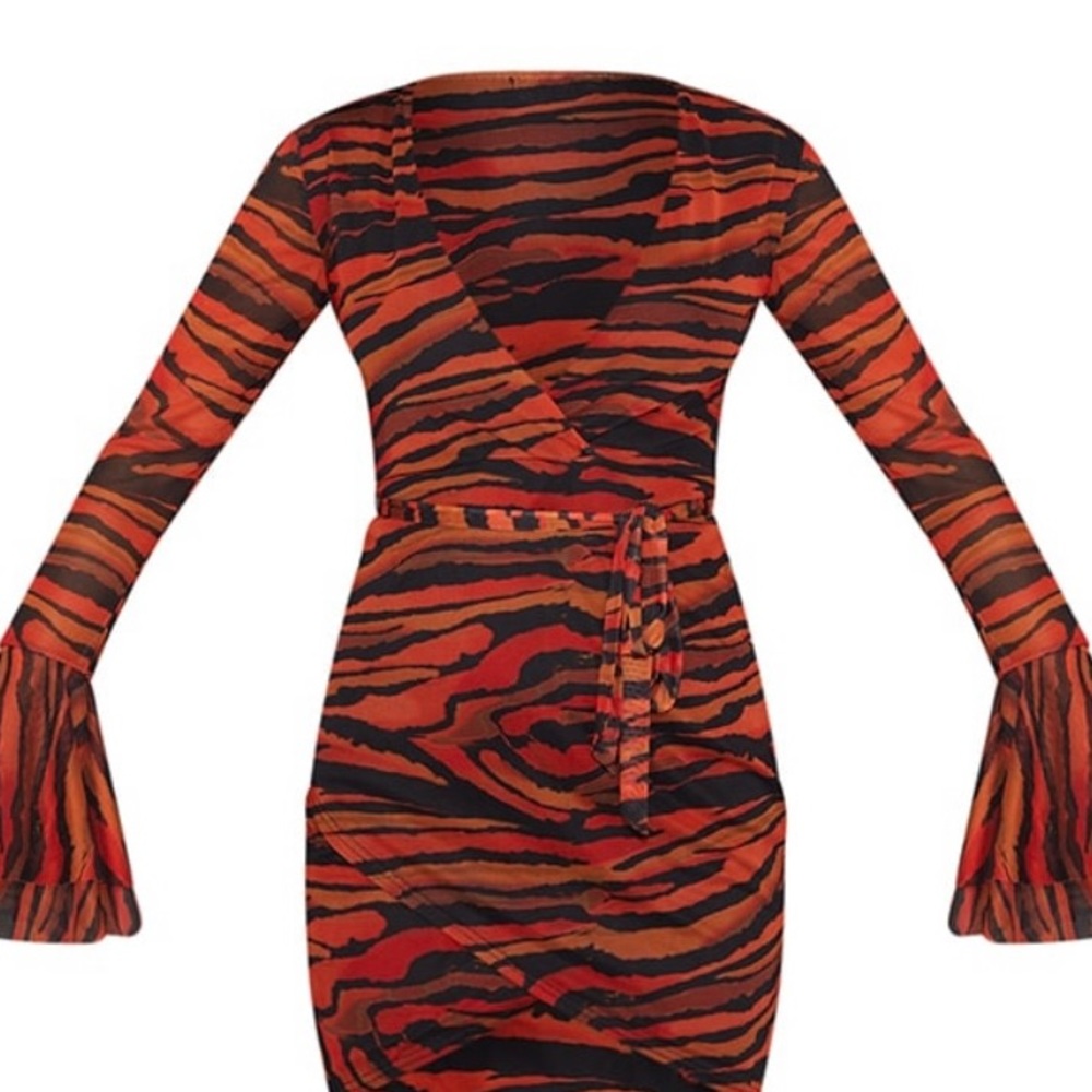 Orange zebra print mesh flared sleeve tie waist body con dress.